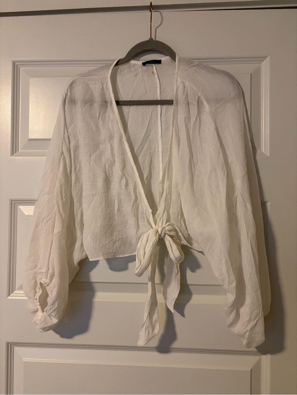 Soprano White Tie-Front Balloon Sleeve Blouse